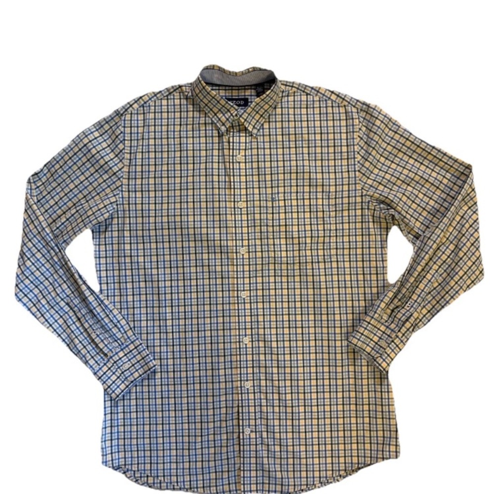 Izod Button Down Shirt Men’s Blue Yellow White Plaid Long Sleeve Size LT Casual